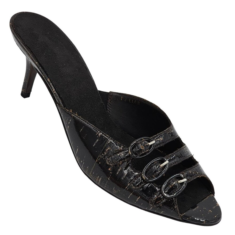 Donald Pliner Italy Womens 9.5 Black Patent Cork Open-toe Slide Dress Shoe Heels - Picture 13 of 15